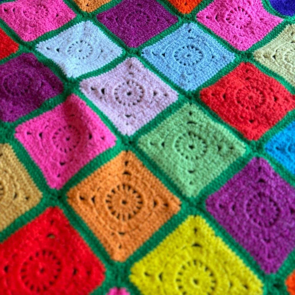 Vintage Granny Square Colorful Crochet Blanket Pink Yellow GrannyCore Throw